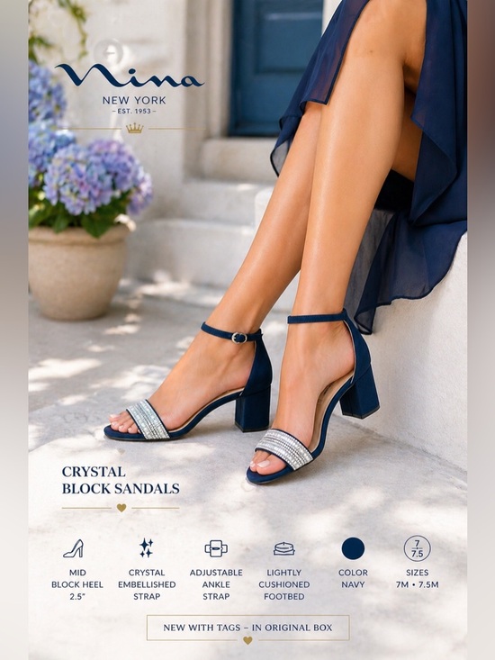 Nina Shoes - NINA WOMENS NAVY SUEDETTE CRYSTAL BLOCK MID-HEEL ANKLE STRAP DRESS SANDAL NIB!